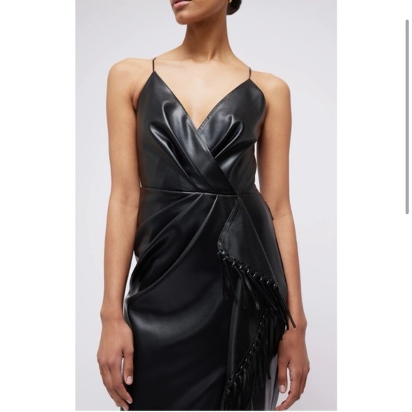 New Jonathan Simkhai Carlee Fringe Detail Faux Leather Dress Vegan Black Sz 4 - Picture 3 of 15